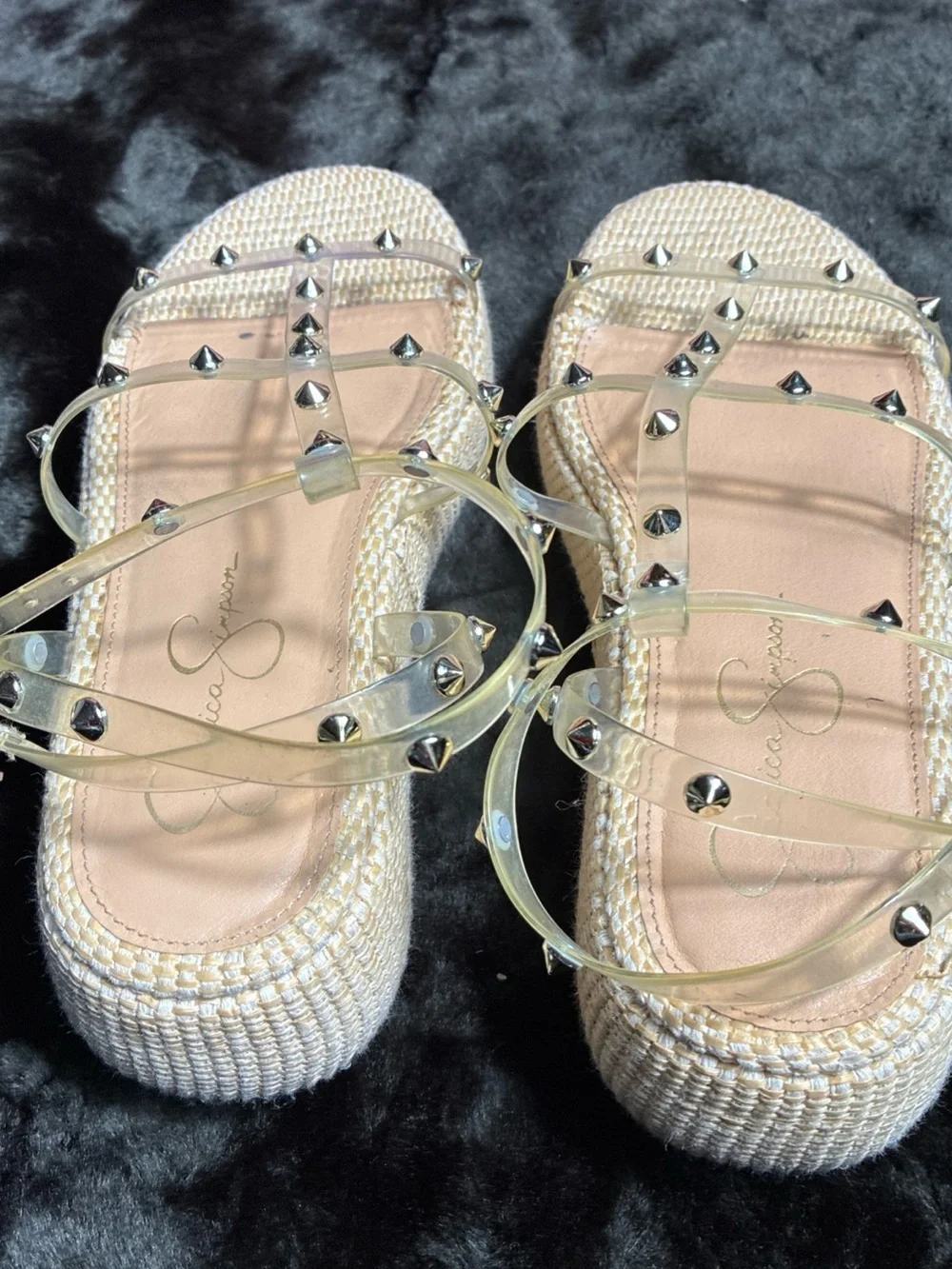 Jessica Simpson Clear Studded Platform Sandal in Beige Woven